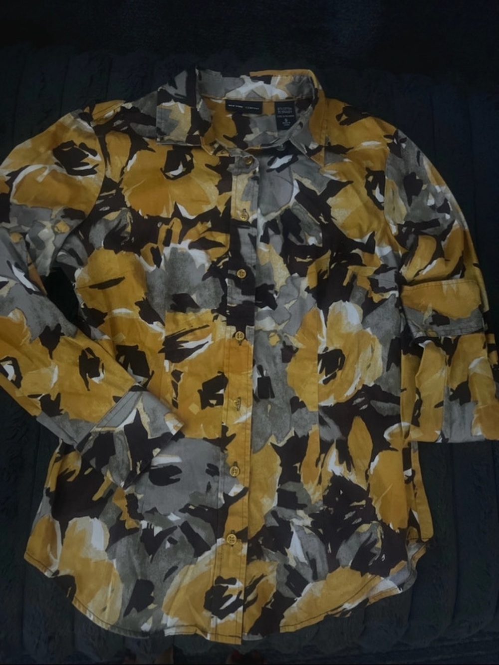 New York & Company Floral Button-Down Shirt - Mustard, Gray & Black